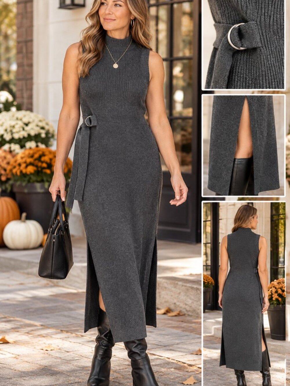 Tahari Charcoal Grey Ribbed Knit Maxi Dress M NWT Merino Wool Quiet Luxury